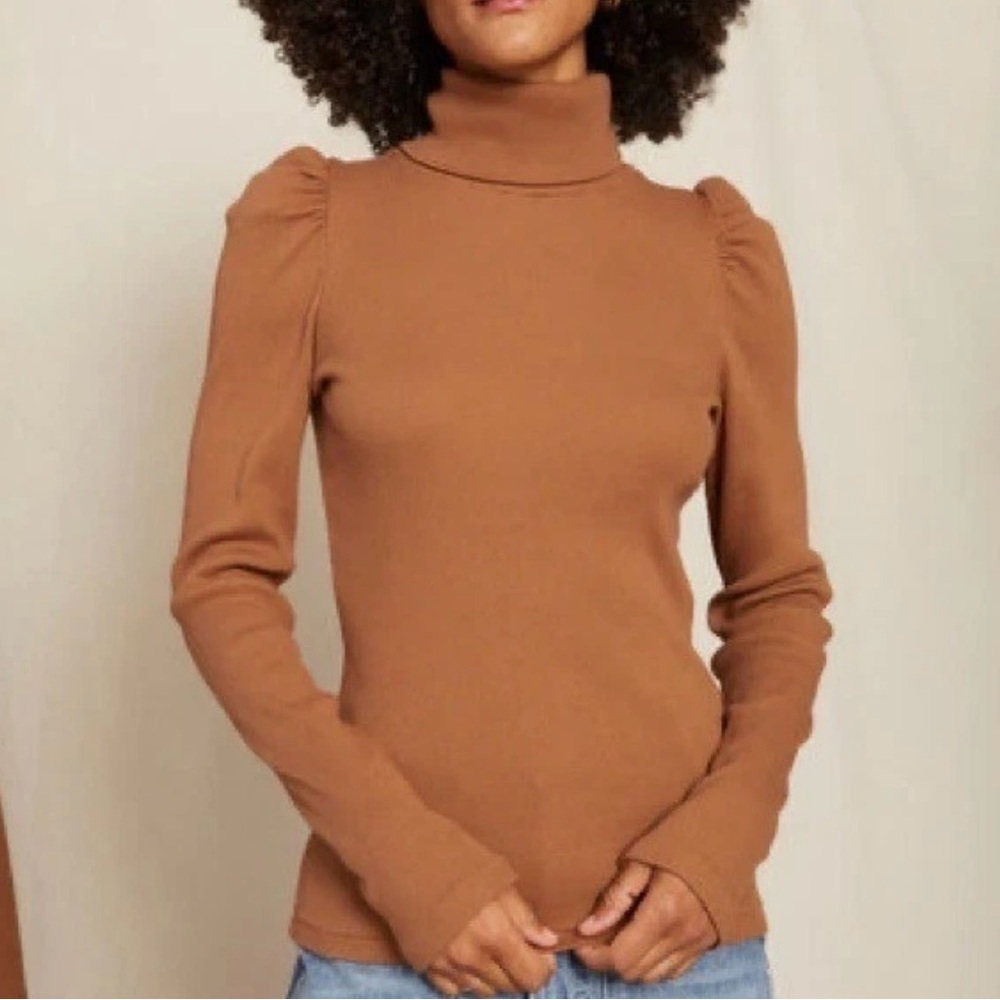AMO Size XL‎ Puff Sleeve Turtleneck Ribbed Sepia Brown 100% Cotton Made In USA